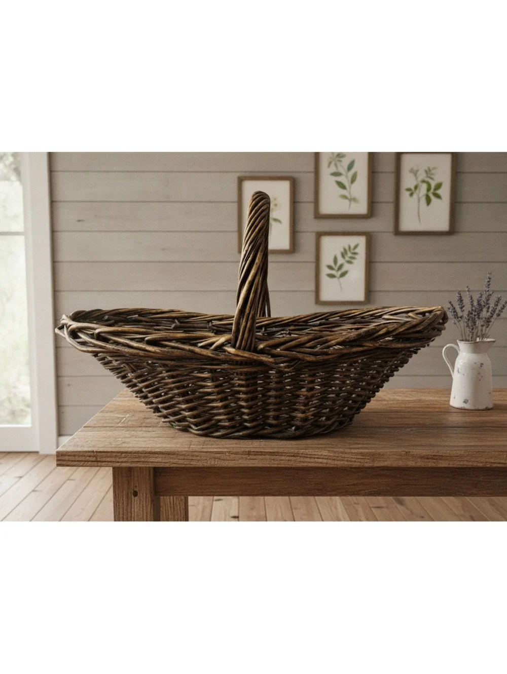 Vintage Handwoven Dark Wicker Rattan Large Flare Shaped Harvest Basket 10